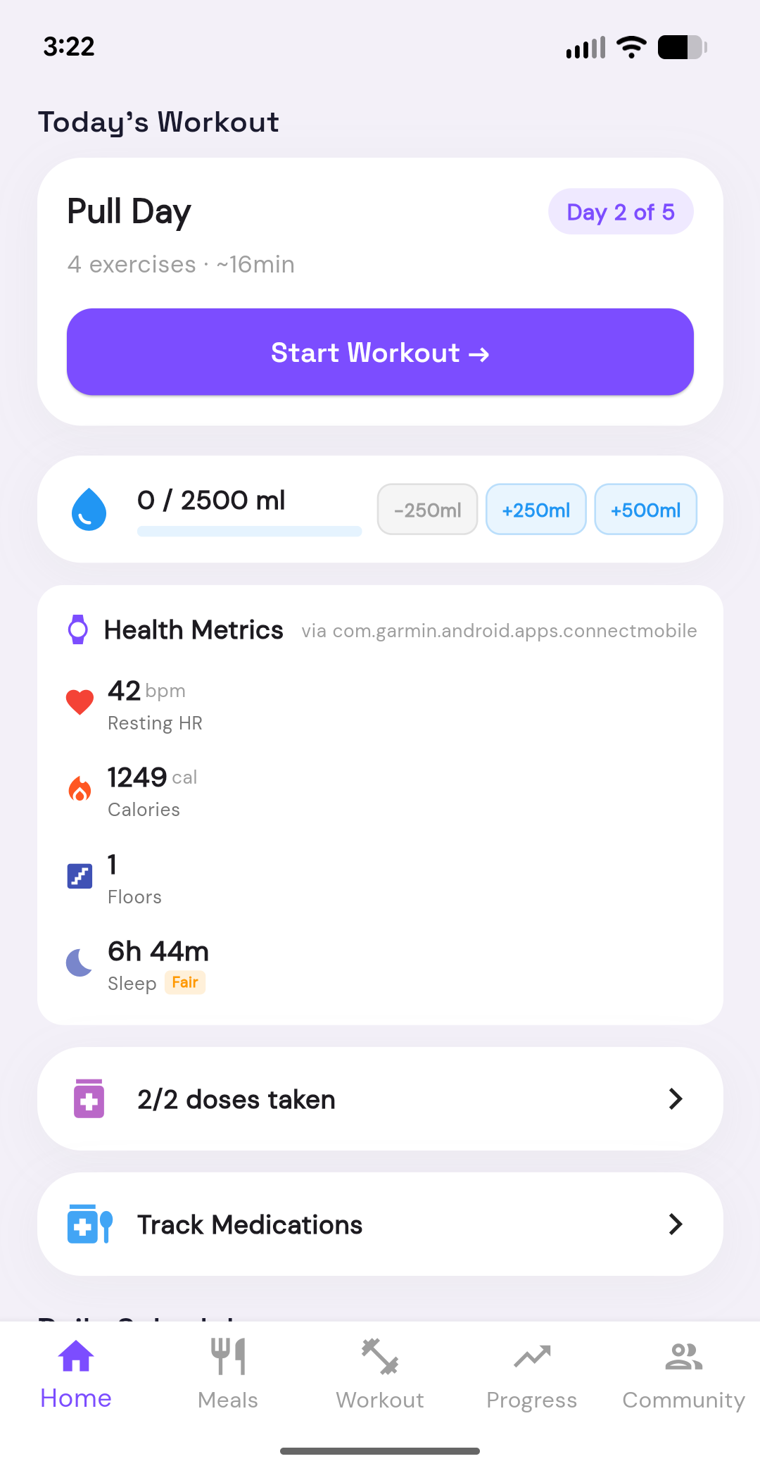 Dashboard with workout and health metrics