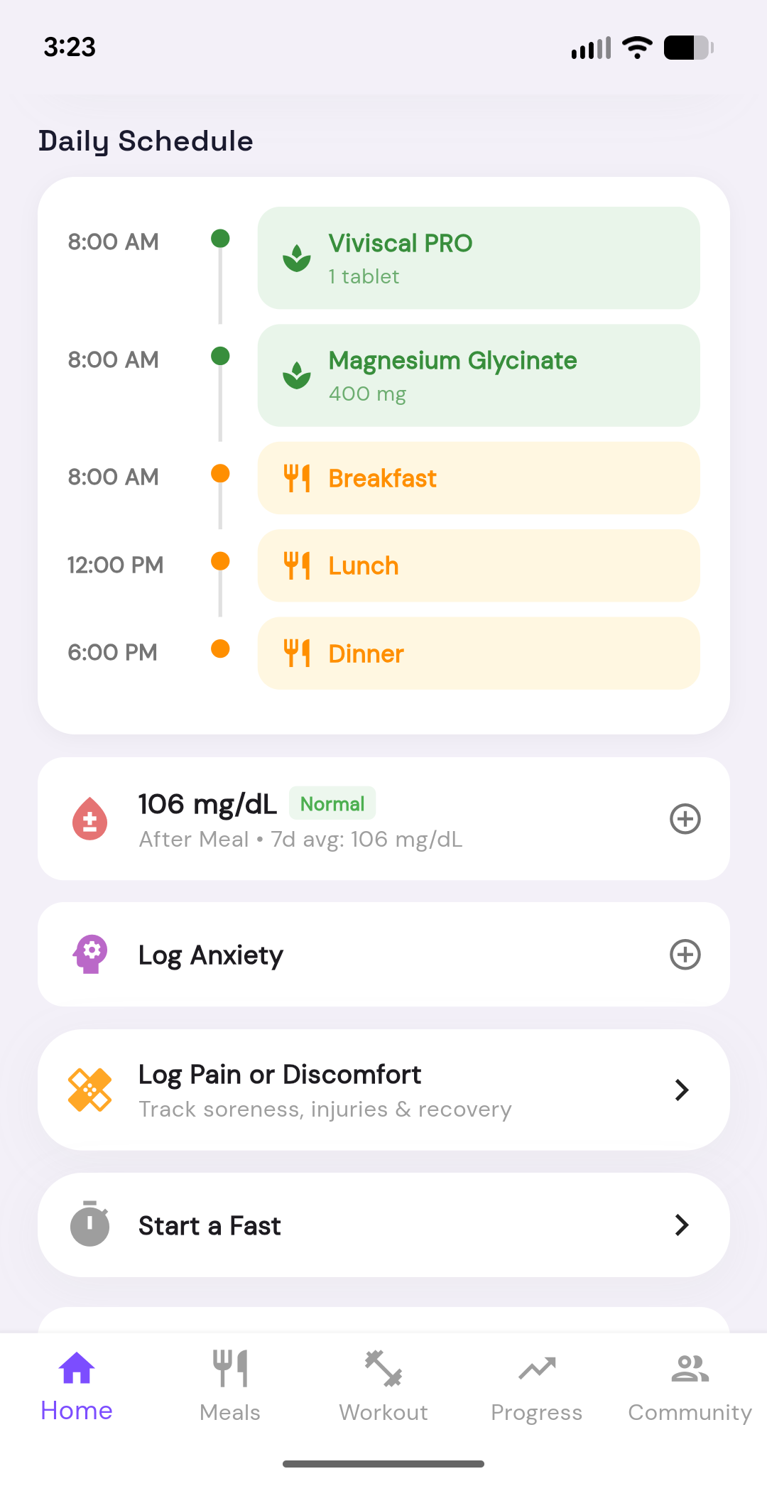 Daily schedule with supplements and meals