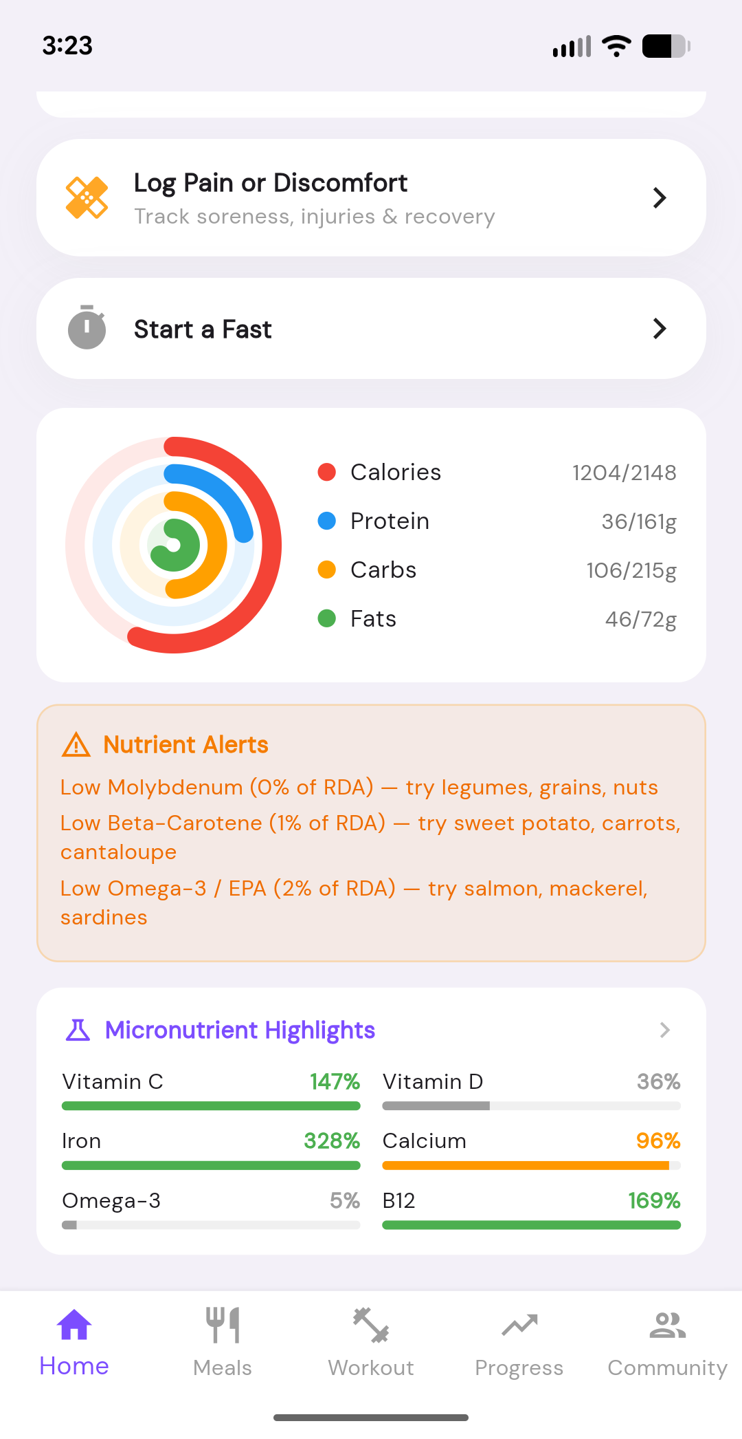 Nutrition tracking with macro ring and micronutrients