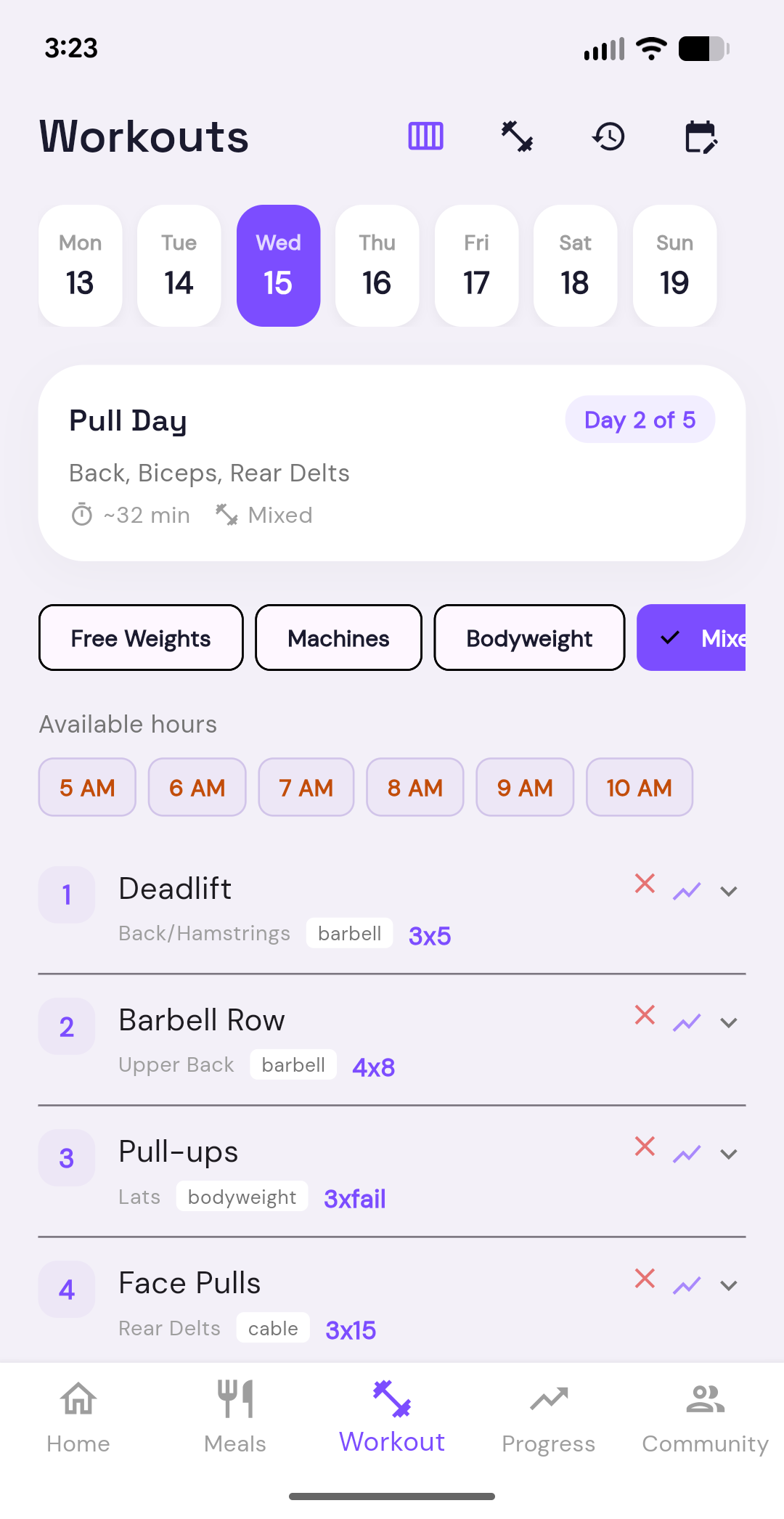Workout plan with exercise details
